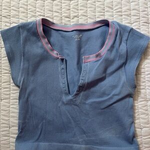Out From Under Blue Ribbed Top with Pink Trim